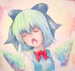  blue_eyes blue_hair bow cirno closed_eyes hair_bow ice ice_wings open_mouth solo touhou traditional_media watercolor_(medium) wings yuyu_(00365676) 