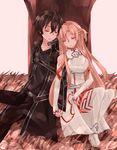  1girl asuna_(sao) bad_id bad_pixiv_id black_hair brown_hair closed_eyes couple detached_sleeves hetero high_collar holding_hands kirito lace leaning_on_person long_hair outdoors short_hair sleeping style_(ur-style) sword_art_online thighhighs 