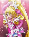  aida_mana blonde_hair bow cure_heart dokidoki!_precure eyelashes hair_ornament half_updo hand_on_hip haruyama_kazunori heart heart_hair_ornament magical_girl one_eye_closed open_mouth pink_background pink_bow pink_eyes pink_sleeves ponytail precure skirt solo 