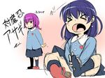  &gt;_&lt; blue_hair blush_stickers closed_eyes crying evil_grin evil_smile grin hiding igawa_asagi kindergarten_uniform long_hair multiple_girls oboro_(taimanin_asagi) open_mouth pain prank purple_hair red_eyes shindou_l shoes_removed short_ponytail skirt smile socks taimanin_(series) taimanin_asagi thumbtack translated younger 