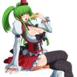  1girl black_legwear black_thighhighs breasts c.c. cleavage code_geass eating female food green_hair hat huge_breasts mini_hat open_mouth pizza ponpo simple_background sitting skirt solo thighhighs thighs tongue twintails white_background yellow_eyes 