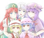  aa-rance ascot bad_id bad_pixiv_id bandaid bandaid_on_face bat_wings blonde_hair blue_eyes blue_hair bow braid capelet crescent flandre_scarlet grin hand_on_another's_shoulder hat hong_meiling izayoi_sakuya long_hair looking_at_viewer maid maid_headdress multiple_girls patchouli_knowledge puffy_sleeves purple_eyes purple_hair red_eyes red_hair remilia_scarlet ribbon short_hair side_ponytail silver_hair smile star touhou twin_braids wings 