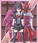  ahoge asymmetrical_wings back-to-back bare_shoulders black_dress black_hair black_legwear blush box brown_hair detached_sleeves dress frame gift gift_box hair_ribbon hakurei_reimu houjuu_nue huge_ahoge ichimi leash long_sleeves multiple_girls ofuda ponytail red_dress red_eyes ribbon thighhighs touhou wide_sleeves wings wrist_cuffs zettai_ryouiki 