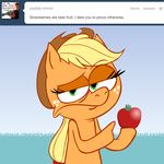  applejack_(mlp) ask_jappleack blonde_hair cowboy_hat english_text equine female feral freckles friendship_is_magic fruit green_eyes hair hat horse hotdiggedydemon mammal my_little_pony pointing pony ponytail solo text tumblr 