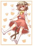  :3 animal_ears bow brown_hair cat_ears cat_tail chen earrings hat heart highres jewelry kikiriri multiple_tails open_mouth paw_print red_eyes short_hair skirt skirt_set smile socks solo spoken_heart tail touhou whiskers 