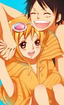  1girl age_regression brown_eyes child glasses kristallin-f monkey_d_luffy nami_(one_piece) one_piece one_piece_film_z orange_hair oversized_clothes smile sunglasses younger 