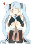  bad_id bad_pixiv_id blue_hair closed_eyes detached_sleeves grin hands_on_own_face hatsune_miku heart long_hair prin_dog simple_background sitting skirt smile solo twintails very_long_hair vocaloid white_background 