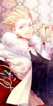  absurdres blonde_hair earrings fate/stay_night fate_(series) gem gilgamesh hair_up highres jacket jewelry male_focus necklace red_eyes solo white_jacket wingtemple 