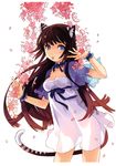  absurdres animal_ears black_hair blue_eyes breasts choker cleavage collarbone cropped_jacket dress h2so4 highres huge_filesize long_hair medium_breasts mouth_hold original petals scan see-through_silhouette solo tail tiger_ears tiger_tail white_dress wrist_cuffs 
