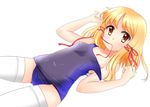  blonde_hair hair_ribbon lying milfy_oira moriya_suwako no_hat no_headwear one-piece_swimsuit ribbon school_swimsuit short_hair solo swimsuit thighhighs touhou white_legwear yellow_eyes 