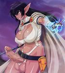  1girl arshes_nei bastard!! black_hair blue_eyes breasts cape cleavage curvy dark_skin electricity fingerless_gloves full-package_futanari futanari gloves huge_breasts large_penis long_hair navel penis photoshop pointy_ears precum solo sword testicles uncensored usatarou weapon 