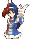  belt blue_eyes blue_hair brown_eyes fusion futaba_aoi_(vividred_operation) gloves hairband hat isshiki_akane kamen_rider kamen_rider_double kamen_rider_w kikaider kikaider_(series) long_hair multicolored_shirt nonon_(hige-hige) palette_suit parody pleated_skirt red_hair salute short_hair simple_background skirt solo twintails two-finger_salute vividred_operation white_background 