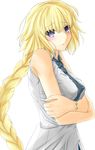  akashiro_sen blonde_hair blush bracelet braid breasts casual crossed_arms fate/apocrypha fate_(series) jeanne_d'arc_(fate) jeanne_d'arc_(fate)_(all) jewelry long_hair medium_breasts necktie purple_eyes simple_background single_braid solo white_background 