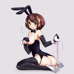  anal_beads anal_tail animal_ears beads blush breasts brown_eyes brown_hair bunny_ears bunny_tail bunnysuit covering covering_breasts elbow_gloves fake_tail full_body garter_straps gloves grey_background hair_ribbon haruhisky highres large_breasts open_mouth ribbon shoes short_hair solo suzumiya_haruhi suzumiya_haruhi_no_yuuutsu tail thighhighs translated white_background white_footwear 