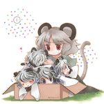  alternate_color animal_ears bad_id bad_pixiv_id biyon blush box capelet cardboard_box chibi grey_hair if_they_mated implied_yuri in_box in_container kemonomimi_mode mouse mouse_ears mouse_tail multiple_girls multiple_persona nazrin open_mouth purple_eyes red_eyes short_hair skirt sleeping smile tail tiger_ears tiger_tail toramaru_shou touhou 