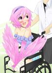  1girl :d amputee bare_shoulders blush breasts double_amputee drawfag feathered_wings feathers hairband harpy hetero looking_at_another medium_breasts monster_girl open_mouth original pink_hair pink_wings pointy_ears purple_eyes smile solo_focus wheelchair wings 