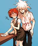  1girl bad_id bad_pixiv_id blush danganronpa freckles green_eyes grey_eyes koizumi_mahiru komaeda_nagito long_hair necktie rag red_hair scared school_uniform short_hair super_danganronpa_2 table white_hair wiping zakki 