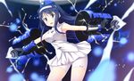  black_gloves blue_eyes blue_hair blush breasts futaba_aoi_(vividred_operation) gloves hairband henshin long_hair looking_at_viewer medium_breasts outstretched_arms palette_suit skirt sleeveless solo transformation vividred_operation yuurei_yashiki 