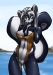  bikini black_fur breasts clothed clothing dare easy_access exposed female fur furball hair invalid_tag mammal mina nipples outside pussy seaside skimpy skunk sky solo standing striped_tail swimsuit tight_clothing water white_hair 