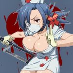  bad_id bad_pixiv_id blue_hair breasts cleavage eyepatch hat huge_breasts mask nurse nurse_cap short_hair skullgirls solo surgical_mask tenchisouha valentine_(skullgirls) 