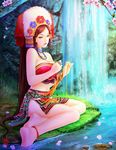  anklet bare_legs bare_shoulders barefoot blue_eyes brown_hair cherry_blossoms choker commentary goddess grass hair_ornament headdress jewelry long_hair looking_at_viewer midriff nature necklace original parted_lips ring shawli sitting solo undressing very_long_hair water waterfall watermark yokozuwari 