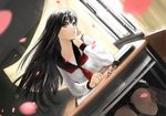  black_hair classroom desk dutch_angle long_hair original petals school_desk school_uniform serafuku solo tagaya6592 