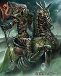  armor boots death_knight flag helmet horn horse horseback_riding male_focus original rearing riding skeleton skull solo sword taguchi_mikihiro weapon 