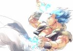  1boy blue_eyes blue_hair dragon_ball dragon_ball_super_broly energy_ball fighting_stance fingernails floating gogeta grin highres looking_away male_focus muscle pants profile short_hair simple_background smile spiked_hair stomach super_saiyan_blue waistcoat white_background white_pants wristband yosi_(yosi_ton) 