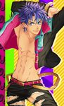  abs aliaduo arms_behind_head bad_id bad_pixiv_id black_jacket bloody_stream blue_eyes blue_hair fabulous groin jacket jojo_no_kimyou_na_bouken jojo_pose joseph_joestar_(young) male_focus muscle nipples open_clothes open_jacket open_shirt pants pose shirt solo torn_clothes torn_pants 