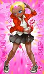  blonde_hair blue_eyes blush boro chat dark_skin embarrassed flat_chest forehead_jewel glowing heart hood hoodie no_socks red_shirt shirt shoes short_hair skirt sneakers solo tales_of_(series) tales_of_eternia uneven_eyes very_short_hair wand 