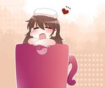  bare_arms blush chibi commentary_request cup hair_tubes hakurei_reimu hammer_(sunset_beach) happy heart long_hair mug open_mouth resting solo touhou towel towel_on_head yin_yang 