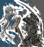  absurdres arm_blade armor battle blood braid celtic_(predator) dress duel fishnets hairlocs helmet highres injury izayoi_sakuya knife nameo_(judgemasterkou) pouch predator predator_(movie) shoes short_hair silver_hair simple_background thighhighs touhou weapon 