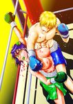  1boy 1girl battle beaten beating blonde_hair blood blue_hair boxing boxing_ring breasts bruise defeated fight fighting gloves green_eyes highres injury nipples punching short_hair sweat t178 tears violence 