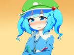  anal_beads blue_eyes blue_hair blush collagen dildo hair_bobbles hair_ornament hat kawashiro_nitori open_mouth short_hair solo touhou two_side_up 