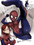  bodysuit breasts long_hair marvel mask medium_breasts red_hair shindou_l skin_tight solo spider-girl spider-man spider-man_(series) superhero sweat translation_request yellow_eyes zentai 