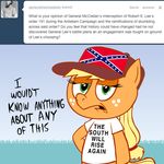  ask_jappleack baseball_cap blond_blonde_hair blonde_hair clothing confederate_flag dialog english_text equine female feral friendship_is_magic grass green_eyes hair hat horse hotdiggedydemon looking_at_viewer mammal my_little_pony pony redneck shirt text tumblr 