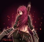  ass belt blush character_name crop_top from_behind green_eyes katarina_du_couteau knife league_of_legends long_hair pants qinglong_zaitian red_hair scar solo spikes sword tattoo weapon 