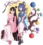  2girls :o alternate_costume alternate_hairstyle bangs black_eyes black_footwear black_hair blue_eyes blue_hair blunt_bangs branch cherry_blossoms circle drill_hair fan floral_print flower hair_ornament hair_rings hair_stick highres holding holding_fan houraisan_kaguya index_finger_raised japanese_clothes jeweled_branch_of_hourai kaku_seiga legs_crossed long_hair looking_at_another mefomefo multiple_girls no_socks paper_fan parted_lips pink_flower print_footwear purple_footwear shoes short_hair side-by-side sitting smile swept_bangs touhou tree uchiwa very_long_hair white_background wide_sleeves 