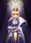  armor armored_dress artoria_pendragon_(all) bad_id bad_pixiv_id blonde_hair blue_cape cape cowboy_shot crown excalibur fate/stay_night fate_(series) faulds gauntlets green_eyes hands_on_hilt saber sheath sheathed short_hair solo stained_glass sword weapon yeruen 