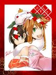  2girls back-to-back bare_shoulders breasts brown_hair detached_sleeves fang food fruit green_eyes huge_breasts japanese_clothes kimono large_breasts light_brown_hair long_hair mandarin_orange multiple_girls object_on_head original shindou_l short_hair signature snake white_snake 