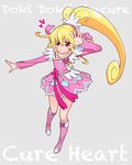  aida_mana arm_up arm_warmers blonde_hair boots bow copyright_name cure_heart curly_hair dokidoki!_precure full_body grey_background half_updo heart knee_boots long_hair magical_girl pink_bow pink_eyes pink_footwear pink_sleeves precure ribbon skirt smile solo yoban 