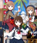  apron art_brush black_legwear blue_eyes blush braid brown_eyes brown_hair cardigan cloud easel fine_art_parody flower fujino_ayako hair_ornament hanamura_kaori head_scarf highres houkago_atelier_toiro kirishima_rin_(atelier_toiro) kobayakawa_naru long_hair looking_at_viewer mona_lisa mountain multiple_girls open_mouth paint paintbrush painting palette parody ruu_(tksymkw) school_uniform sculpture serafuku short_hair skirt sky smile takahashi_nene thighhighs trim_brush twin_braids twintails 