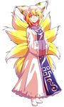  alphes_(style) bad_id bad_pixiv_id blonde_hair dairi dress fox_tail full_body hat long_sleeves looking_at_viewer multiple_tails parody shoes short_hair smile solo standing style_parody tabard tail touhou transparent_background white_dress wide_sleeves yakumo_ran yellow_eyes 