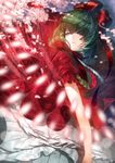  commentary_request danmaku dress front_ponytail green_eyes green_hair hair_ribbon highres kagiyama_hina long_hair looking_at_viewer petticoat red_dress ribbon short_sleeves solo spinning touhou tsukimoto_aoi 