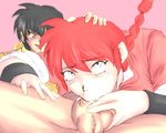  1girl :&gt;= black_hair blue_eyes braid caressing_testicles chinese_clothes cum cum_in_mouth cum_in_nose deepthroat fellatio genderswap hand_on_head headband hetero hibiki_ryouga oral overflow penis ranma-chan ranma_1/2 red_hair rolling_eyes saotome_ranma short_hair single_braid snot tangzhuang tears testicles ura_suji 