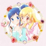  :o aikatsu! aikatsu!_(series) blonde_hair blue_eyes blue_hair blush chiririn cookie cup flower food hand_on_shoulder hoshimiya_ichigo kiriya_aoi long_hair mug multiple_girls open_mouth oreo pajamas red_eyes rose scrunchie side_ponytail smile 