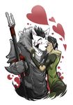  &lt;3 anthro black_hair blue_eyes blush canine clothing couple cuddling dog dragon_age dragon_age_2 elf female fur hair hawke(dragon_age_2) husky kokuhane langdon langdon_marston magic_user male mammal merrill plain_background pointy_ears polearm smile staff standing video_games weapon 