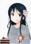  absurdres akiyama_mio black_eyes black_hair blush brown_hair cake chibi flower food highres k-on! ken_(tanosimou) long_hair multiple_girls simple_background smile tainaka_ritsu 