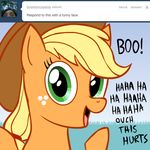  ask_jappleack blonde_hair cowboy_hat dialog english_text equine female feral freckles friendship_is_magic green_eyes hair hat horse hotdiggedydemon mammal my_little_pony pony ponytail solo text tumblr 