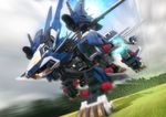  armor cloud cloudy_sky field forest glowing grass liger_zero liger_zero_jager machinery mecha motion_blur nature no_humans outdoors plant robographer running sky speed_lines tree zoids 
